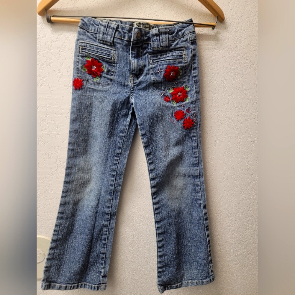 Route 66 Kids Blue Jeans with Red Floral Embroidery